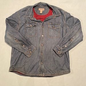 Duluth Trading Co Shacket Denim Jacket Fleece Lining Snap Closure